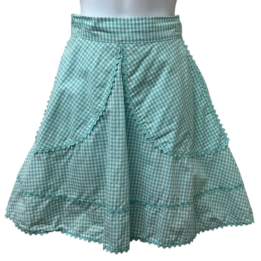 Vintage Handmade Teal Gingham Half Apron Rickrack Trim Pockets Retro Rockabilly